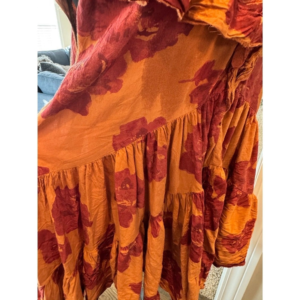 Free People Tilly Printed Tunic Dress Medium Summer Coral & Burgundy Boho - Picture 8 of 9